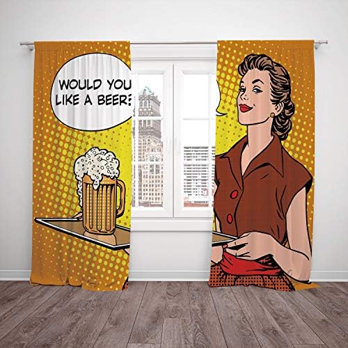 2 Panel Set Satin Window Drapes Kitchen Curtains,Man Cave Decor The Waitress with Tray Saying Would You Like a Beer Comics Pop Art Retro Decorative Multicolor,for Bedroom Living Room Dorm Kitchen Cafe