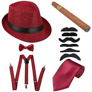 KaKaxi 1920s Mens Costume Accessory Set - Manhattan Fedora Hat, Y-Back Suspenders & Pre Tied Bowtie, Gangster Tie,Toy Cigar & Mustache (Burgundy)