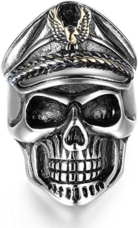 Men's Stainless Steel Army Officer Skull Ring with Eagle Cap (8)