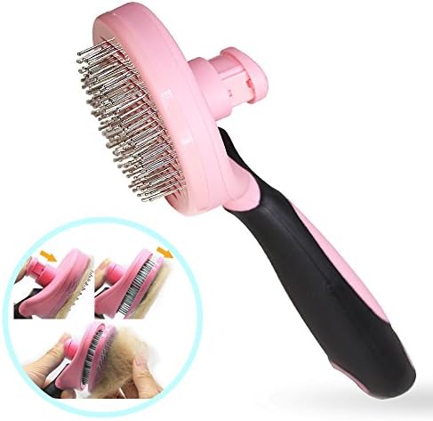 Pet Grooming Brushes Shedding Tools, ViThink Massage Comb for Short or Long Hair Dog, Cat, Horse, Retractile Self-Cleaning Rounded Pins Brush Rake (Pink)