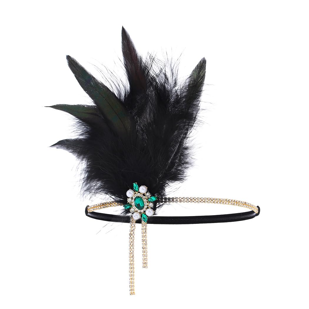 IYOU Feather Gatsby Headpiece Black Flapper Headband Prom 20s Hair Accessories for Women