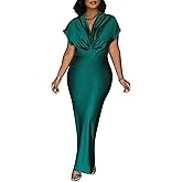 Ptorlio Womens Elegant Maxi Dresses Plus Size Bodycon Short Sleeve V Neck Formal Slit Evening Long Dress