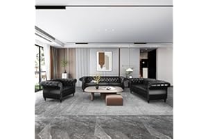 RARZOE 3 Pieces of Living Room Furniture Sofa Sets, Modern Faux Leather Chesterfield Sofa&Chesterfield Club Chair&Chesterfield Loveseat Sofas Set with Nailhead Trim Scroll Arms for Living Room(Black)