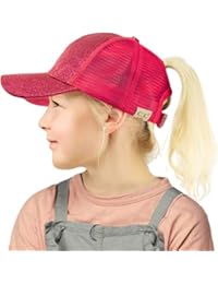 C.C Kids 2-7 Ponytail Messy Buns Ponycaps Baseball Visor Cap Hat Glitter Hot Pink