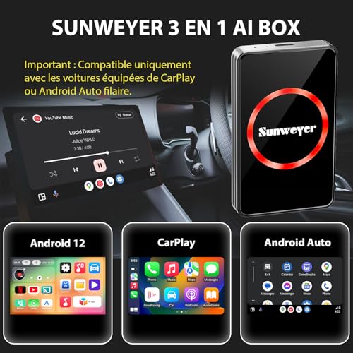Sunweyer CarPlay 2025 Android Auto Streaming Box SW12 Wireless Adapter with Netflix, YouTube, Hulu, App Installation - AI Box, Dual WiFi, HDMI, LED Mood Light (SW12 Pro)