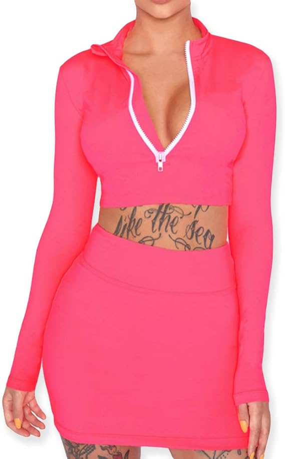 Amazon.com: Neon Two Piece Set Long Sleeve Zipper Crop Top - Pencil Mini Skirt (Neon Pink, M 