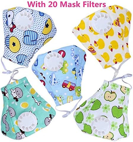 HOLIIBN Kids Anti Pollution Respirator Dust Mask with Exhaust Valve + 20 N95, Air, Dust, Smoke Filters - Cotton Washable PM2.5 Half Face Mask with Adjustable Straps & Nose Bridge.