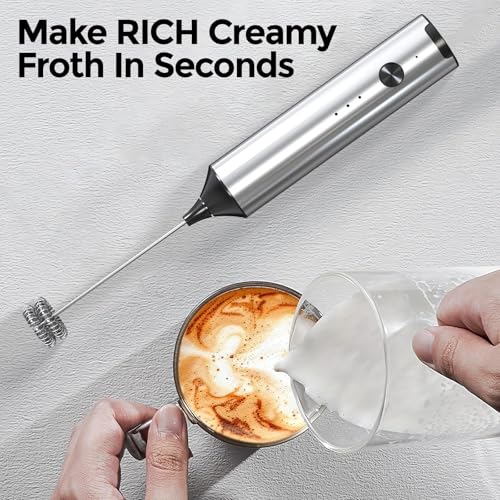 Electric Milk Frother Handheld, Rechargeable 3-Speed Mini Frother Wand with 2 Whisks Stand Portable Stainless Steel Stirrer for Coffee Latte, Cappuccino Hot Chocolate Protein Shakes Matcha
