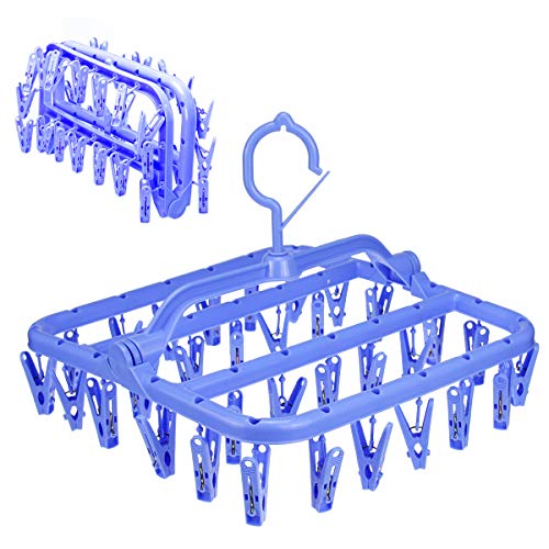 HAPY SHOP Foldable Laundry Hanger Drying Rack,Plastic Laundry Clip with 32 Clips,Clip Hanger Drip Drying Hanger Underwear Hanger with Clips for Socks, Bras, Lingerie, Clothes,Towel,Scarf,Blue - Thumbnail 7