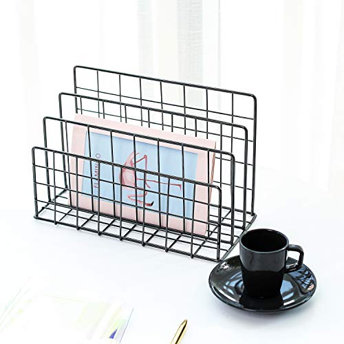 Delifox Mail Sorter - Letter Organizer Metal Desktop File Rack Postcard Holder for Home and Office, Diamond Black