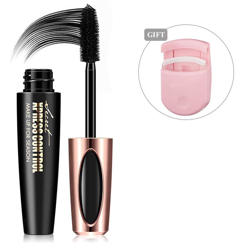Natural 4D Silk Fiber Lash Eyelash Mascara Waterproof Smudge-Proof Extra Long Lash Thick Long Lasting All Day Exquisitely Non-Toxic Hypoallergenic Formula Mascara Eyelashes Curler