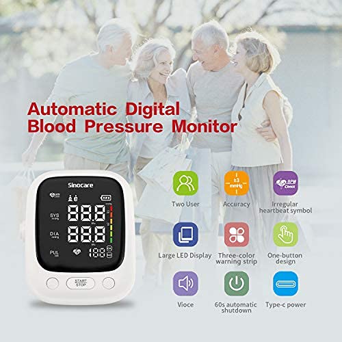 Sinocare Tensiomètre Bras Electronique, Tensiomètre au Bras Automatic Brassard Intelligent, Grand Écran LED, 2×90 Mémoire, Brassard Adjustable 22-42cm