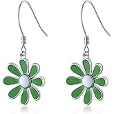 SLUYNZ 925 Sterling Silver Daisy Flower Dangle Drop Earrings for Women Teen Girls Green Flower Drop Earrings Summer Spring