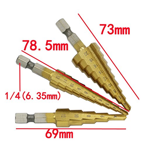 Dogxiong 3pcs 4-12/3-12/4-20mm 24Sizes Process Holes High Speed Steel HSS Titanium Coated Step Drill Bit Set, 1/4" Hex Shaft Drive Quick Change Multiple Industrial DIY Woodworking Punching Tools