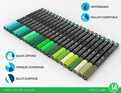 Acrylic Paint Pens Set of 22 Assorted Pro Color Series Markers, 0.7mm Extra Fine Tip for Rock Painting, Glass, Cups, Wood, Canvas, Non-Toxic (Green)