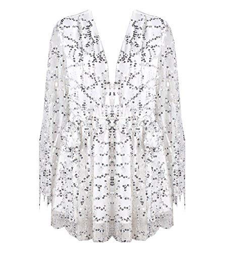 Miss ord Long Sleeve Slim Soft Lining Casual Jumpsuit Romper with Sequins White X-Small