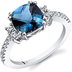 Peora London Blue Topaz Ring for Women 14K White Gold with White Topaz, Natural Gemstone Birthstone, Designer 2.50…