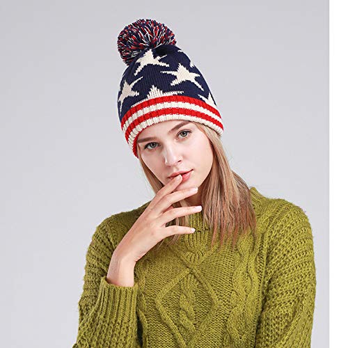 Delila Winter Knitted Pom Beanies Warm Patriotic Skull Cap for Women Men Acrylic Slouchy Ribbed Hat