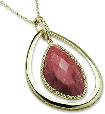 Tear Drop Rhodonite Lab Created Stone Necklace, CZ Border, Gold Tone Sterling Silver Pendant, By Piers Design
