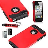 TCD for Apple iPhone 5 5S [RED ON BLACK] Hybrid Rugged Protective Defender Series Combo Case Cover Multiple Layers Shock Ultimate Protection [FREE SCREEN PROTECTOR STYLUS PEN]