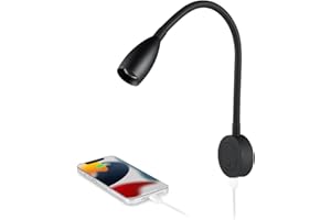 Obeaming 12V Dimmable Reading Light, RV Boat Bedside Reading Lamp, Gooseneck LED Spotlight for Camper Van Travel Trailer Truck Motorhome, Equipped USB Charger & Press Dimmer Switch (Matte Black)