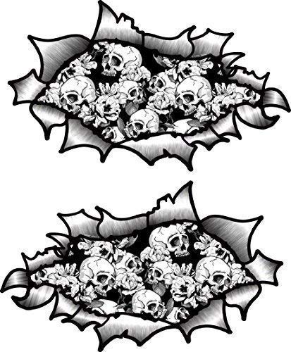 pics Ripped Metal Effect small handed pair of oval ripped open torn metal effect design with b w tattoo style skull roses vinyl motorbike helmet sticker 85x50mm each
