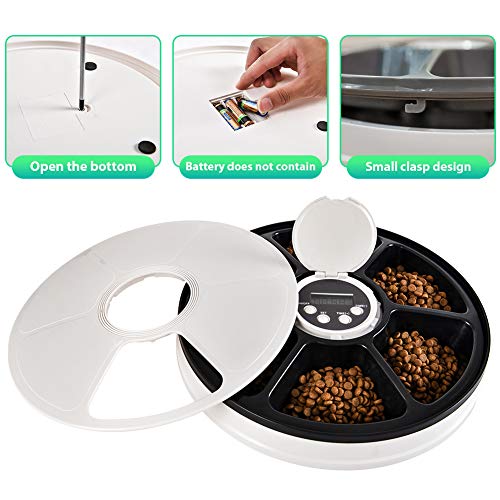 Automatic Pet Feeder Cats Dogs, 6 Meal Trays Dry Wet Food Dispenser with Voice Remind,LCD Smart Programmable Timed Self Container Digital Clock Portion (Black)