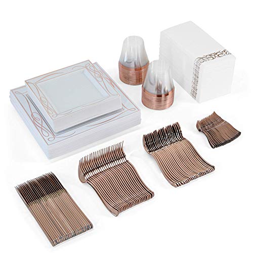 225 PC Rose Gold Dinnerware Set-25 Guest Rose Gold Square Ribbon Plastic Plates-25 Rose Gold Plastic Silverware + 25 Mini Forks-25 Rose Gold Rim Plastic Cups-50 Linen Like Rose Gold Paper Napkins