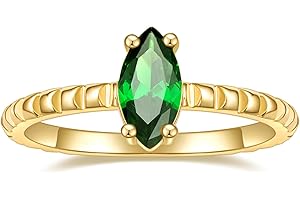 SHINYSO 14K Gold Plated Engagement Ring for Women Created Green Emerald Solitaire Emerald Oval Marquise Cut Wedding Band Prom