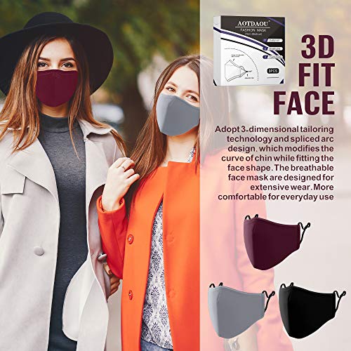 Cloth Face Mask Washable, Reusable Cotton Face Masks Adjustable for Women Adult Men, Unisex Face Coverings - Breathable Comfortable No Fog Colored Mask 3 Pack - Black, Gray, Burgundy