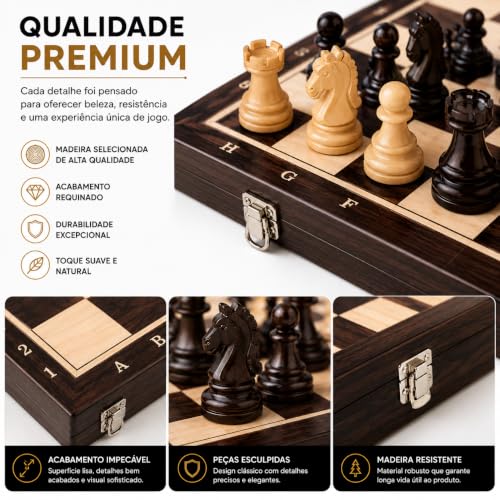 Jogo de Xadrez Magnético em Madeira Dobrável Premium 29cm | Tabuleiro Portátil com Armazenamento Interno | Peças Magnéticas | Jogo de Estratégia para Crianças e Adultos.