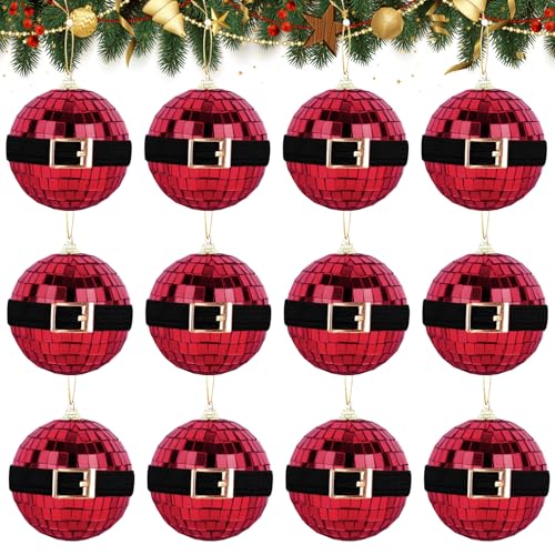 Photo 1 of 12 Pcs 3.14'' Christmas Disco Ball Ornaments with Rope Reflective Hanging Disco Ball with Santa Belt Xmas Tree Decorations Red Mirror Disco Ball for Holiday Birthday Dance Music Party Supplies