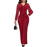 2 Piece Pant Suits for Women Dressy Business Casual Outfits Mesh Long Sleeve Blazer Wide Leg Pants Sets Office Work