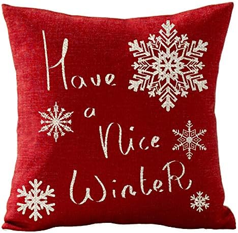 Red Snowflake Merry Christmas Have A Nice Day Happy Winter Gift Holiday Cotton Linen Throw Pillow Covers Case Cushion Cover Sofa Decorative Square 18x18 inch Decorative Pillow Wedding Birthday