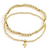 Opalencian 14k Gold Plated Beaded 2Pcs Handmade Stack Bracelets Set for Women,Round Square Beads Link Chain Stackable Stretch Bracelet Jewelry Gift
