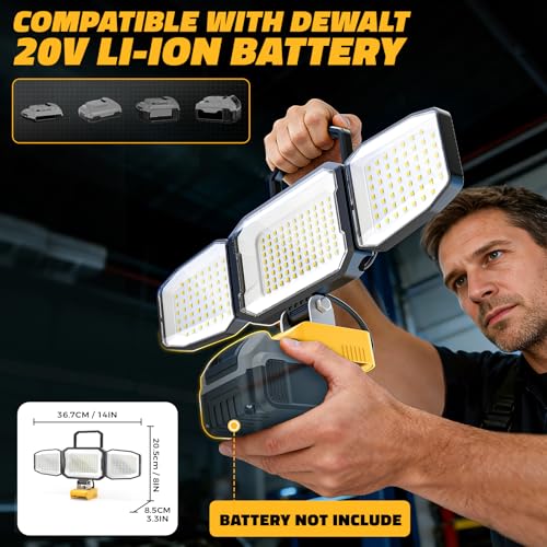 LED Work Light Compatible with DeWalt 20V Battery, 150W 15000LM Flood Light, 6500K Daylight 3-Head Adjustable, USB Type-C&2 Brightness Modes Portable Flashlight Job Site Light (Tool Only)