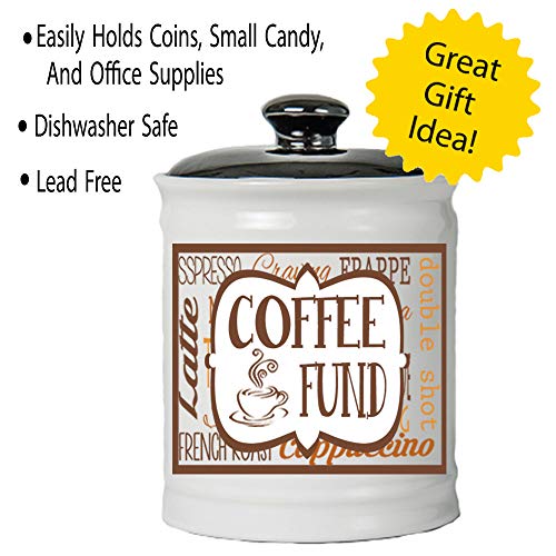 Tumbleweed - Coffee Fund - White Round Ceramic Piggy Bank Jar With Black Lid - Coffee Gifts