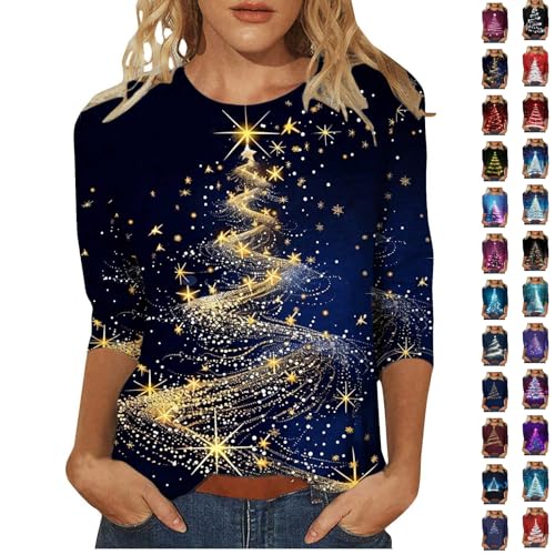 Christmas Tops Womens Christmas Tops UK 3/4 Sleeves Soft Cotton Blend Crewneck Blouse Loose Fit Tunic Style for a Dressy Casual Look Festive for Women A Black