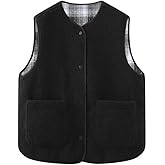 CUFEZN Women's Fuzzy Sherpa Fleece Vest Casual Button Down Waistcoat Sleeveless Gilet Reversible Plaid Outerwear with Pockets