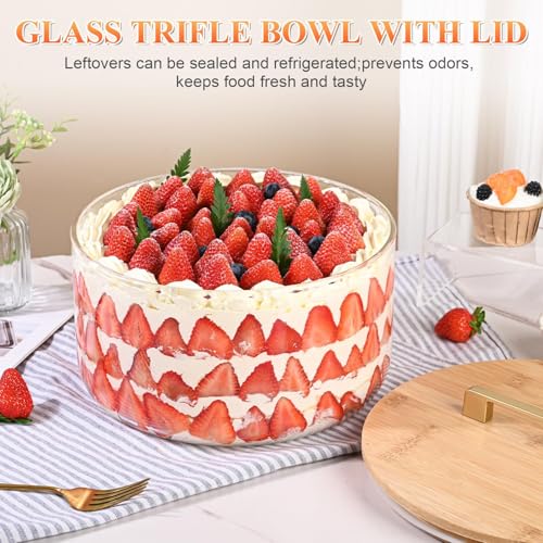 Uniiking® Large Salad Bowl, 8 inch Trifle Bowl Glass with Sealed Lid, Versatile Mixing and Serving Bowl for Laying Ice Cream, Cake, Salad, Fruit, Baking, Dessert and Party Diy, Microwave Safe