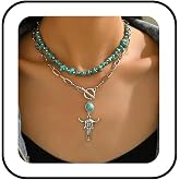 Fyvos Boho Western Necklaces for Women Vintage Turquoise Beaded Choker Necklace Layered Ox-head Pendant Necklaces Country Concert Cowgirl Dresses Jewelry Accessories