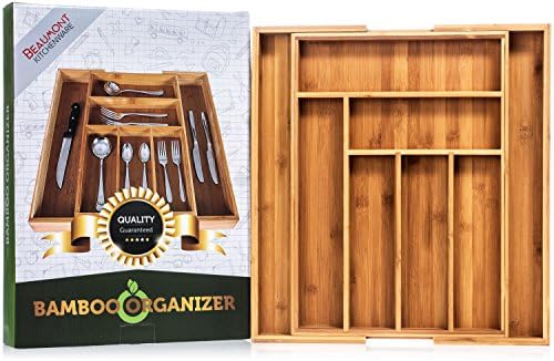 Beaumont Kitchenware Expandable Bamboo Organizer Drawer | High Quality Beautiful All-Natural 100% Bamboo | Versatile Organizer | Reinforced Slots | 17¾" x 12¾" (Expandable up to 17½")