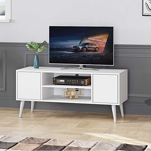 Function Home TV Stand for TVs up to 50", Mid-Century Modern Entertainment Center ,TV Console Storage Cabinet with Shelves and Doors for Living Room, ,White - Image 2