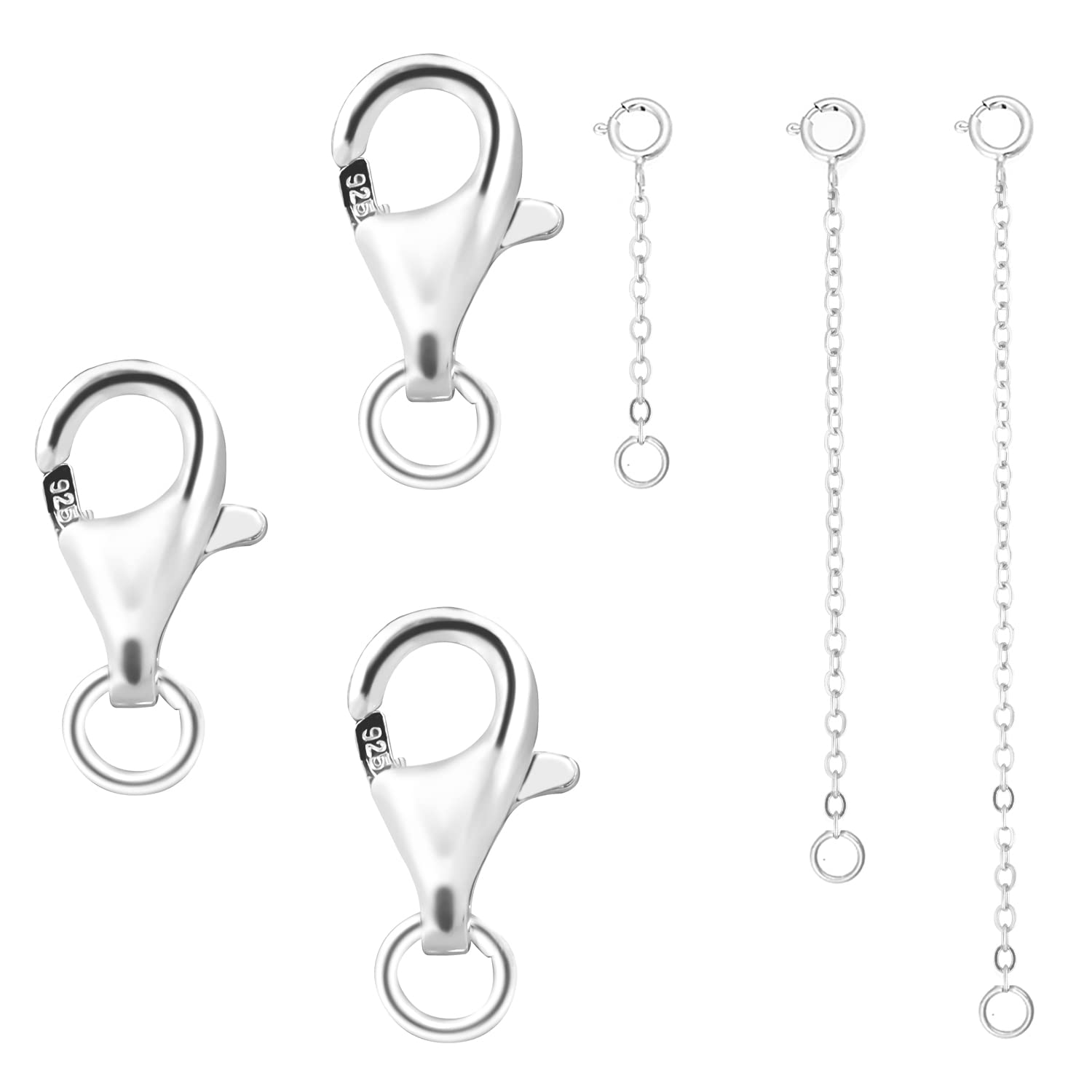 LUTER 3PCS 925 Sterling Silver Lobster Claw Clasps with 3PCS Detachable Necklace Extenders, Bracelet Connectors Lobster Clasp for DIY Bracelet Necklace Anklet Jewelry Making (Sliver)