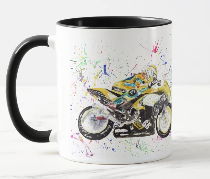 Vixar Motorbike Watercolour Art Coloured Mug Cup Gift Birthday Work Office Christmas Tea Coffee (Black)