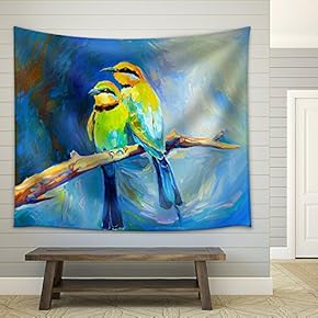 Original Oil Painting of Blue Tailed Bee Eaters, Song Birds on Canvas.Modern Impressionism - Fabric Wall Tapestry Home Decor - 51x60 inches