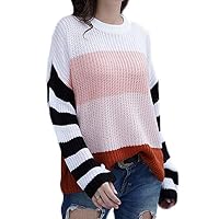 jinshiband Womens Casual Fashion Crew Neck Color Block Oversized Sweater Long Sleeve Knit Pullover Pink