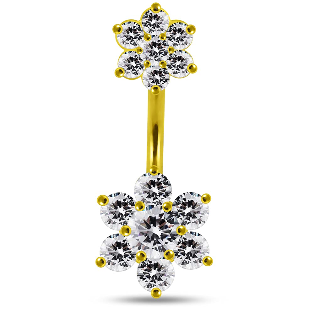MONSTER PIERCING 3 Micron Yellow Gold Plated Clear CZ Stone Big and Small Flower 925 Sterling Silver Double Side Belly Bar Jewellery