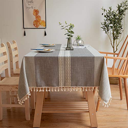 Rayzi Tablecloth, Rectangle Linen Cotton Wrinkle Free Anti-Fading Tablecloths,Washable Embroidery Dust-Proof Table Cover for Kitchen Party Outdoor (55 x 71 Inch, Gray)