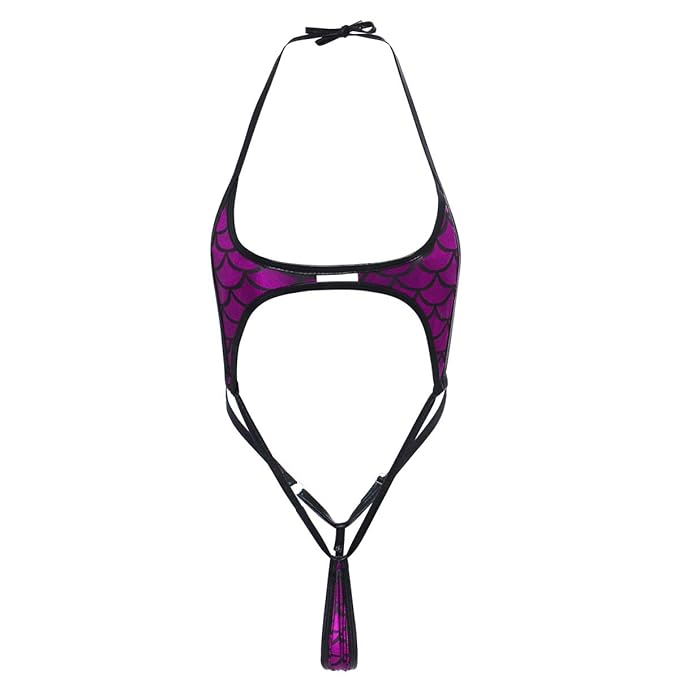 IWEMEK Sexy Damen Dessous Wetlook Fischschuppen Aushöhlen Bodys Micro Mini Bikini Dreipunkt Unterwäsche Reizwäsche Neckholder